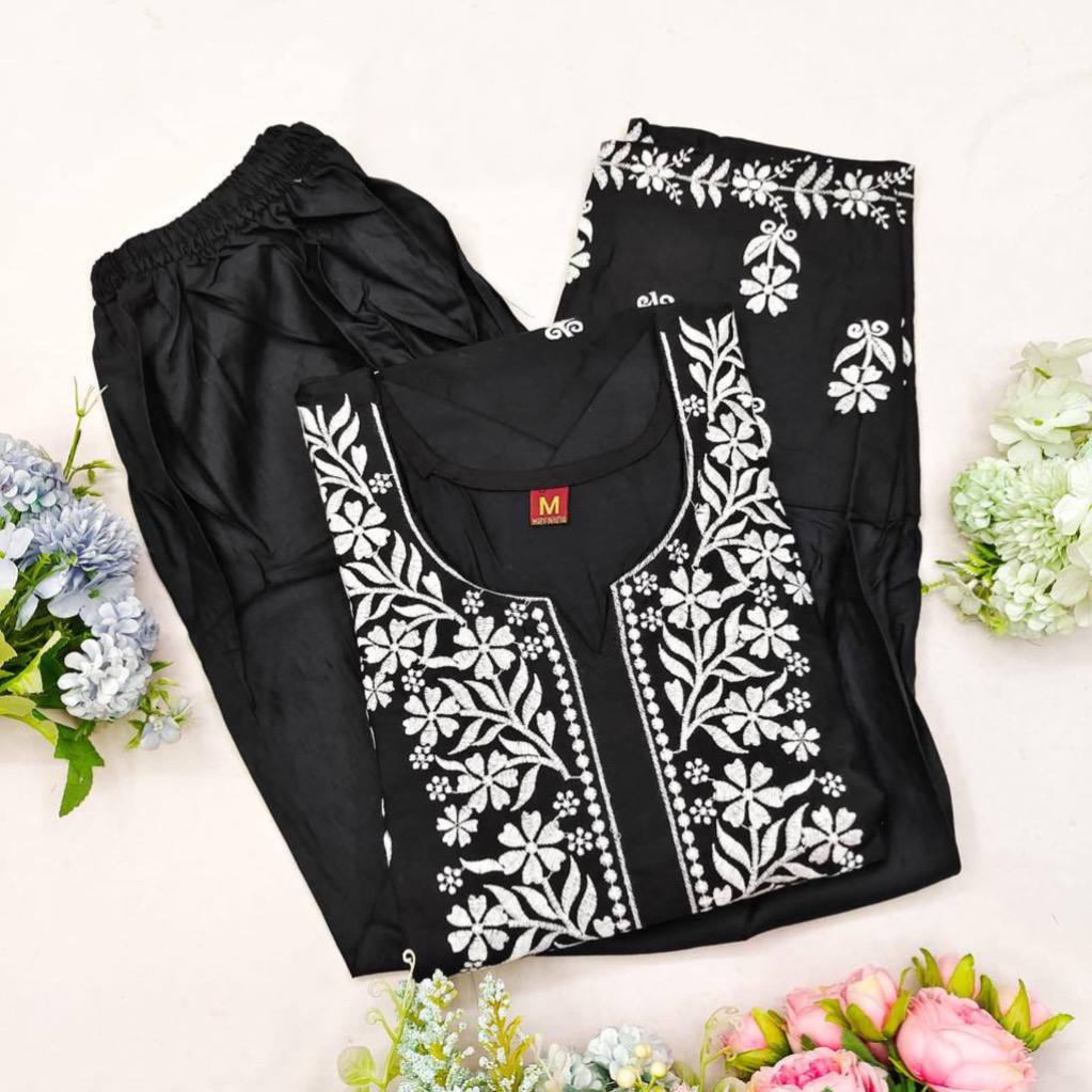 Firoza Black Chikankari Kurti Pant Set
