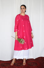 Rani pink Jamdani kurta with side gathers