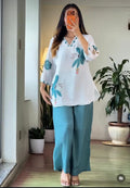 Teal Green Mul Cotton Floral Cord Set