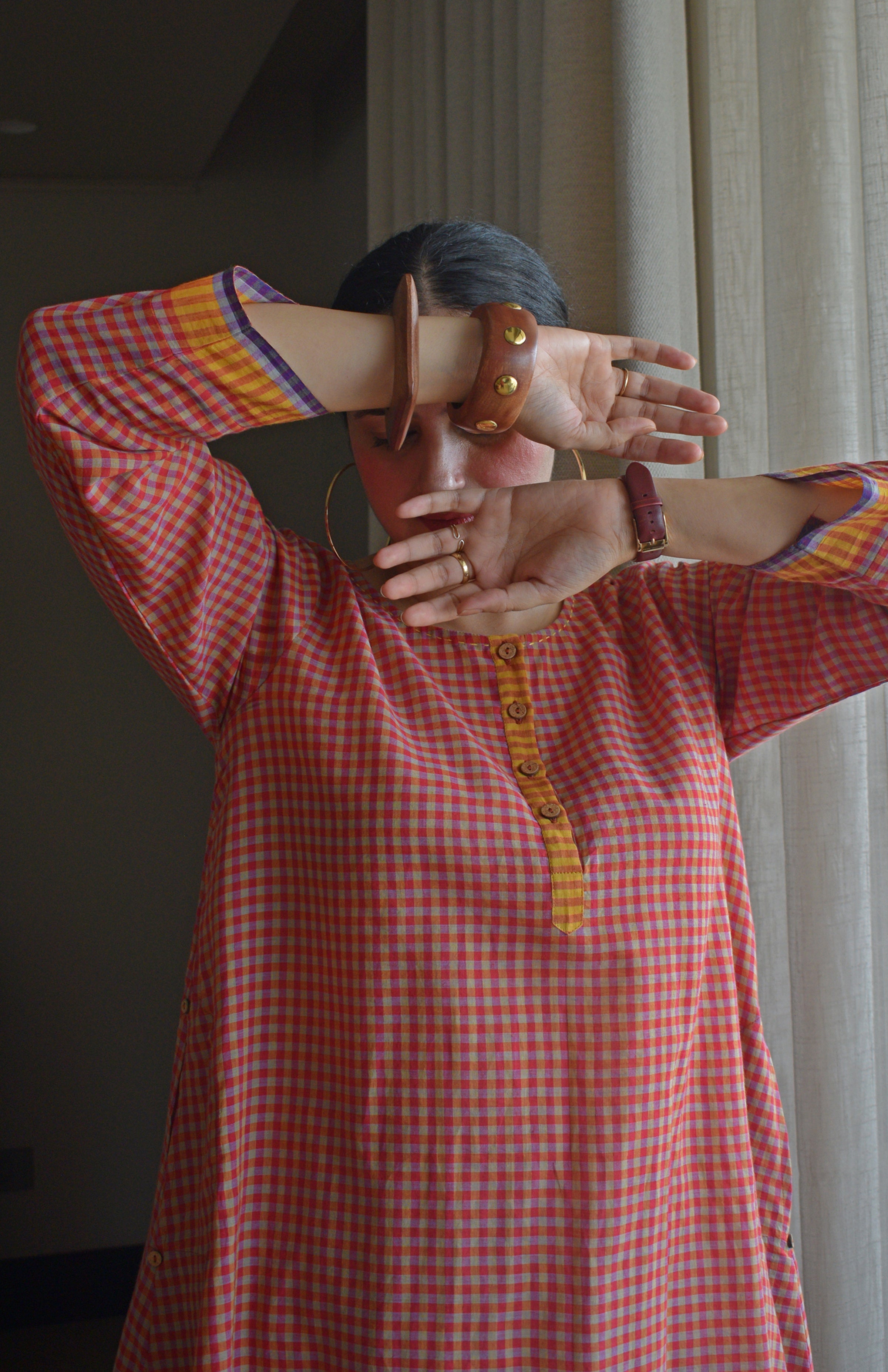 Rust Orange Checks A line Kurta with Pyjama in Handwoven cotton