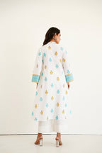 White Cotton Slub Buti Print Kurta Set with Culottes