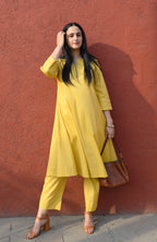Yellow A line Cotton Kurta with Panels and yellow pajama
